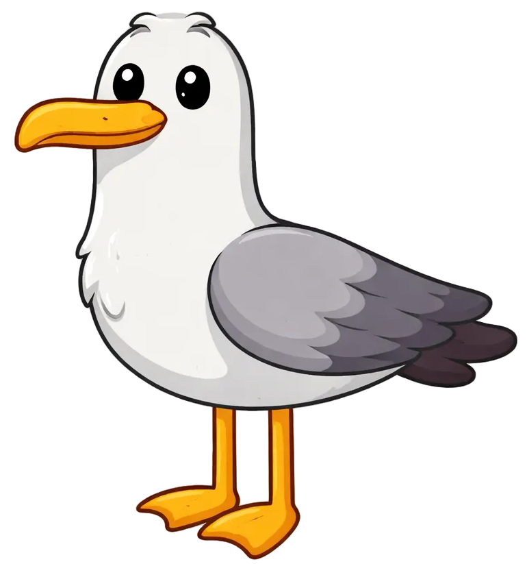 Cartoon seagull with a white body, gray wings, and orange beak on a white background