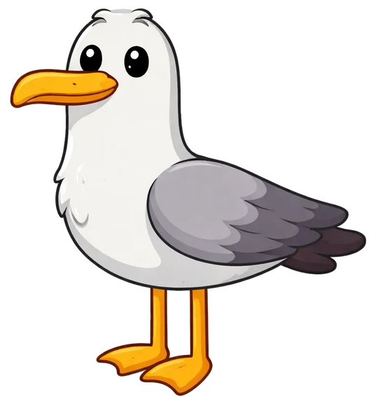 Cartoon seagull with a white body, gray wings, and orange beak on a white background